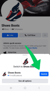 Click on the Switch - How to Delete a Facebook Page on Android